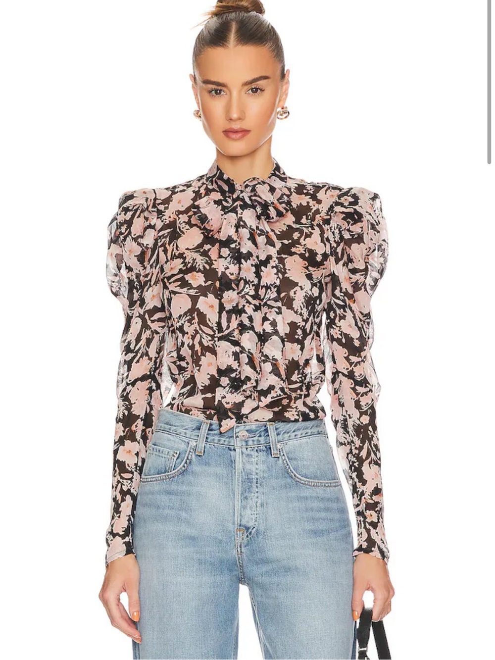Floral Puff-Sleeve Tie-Neck Blouse -
